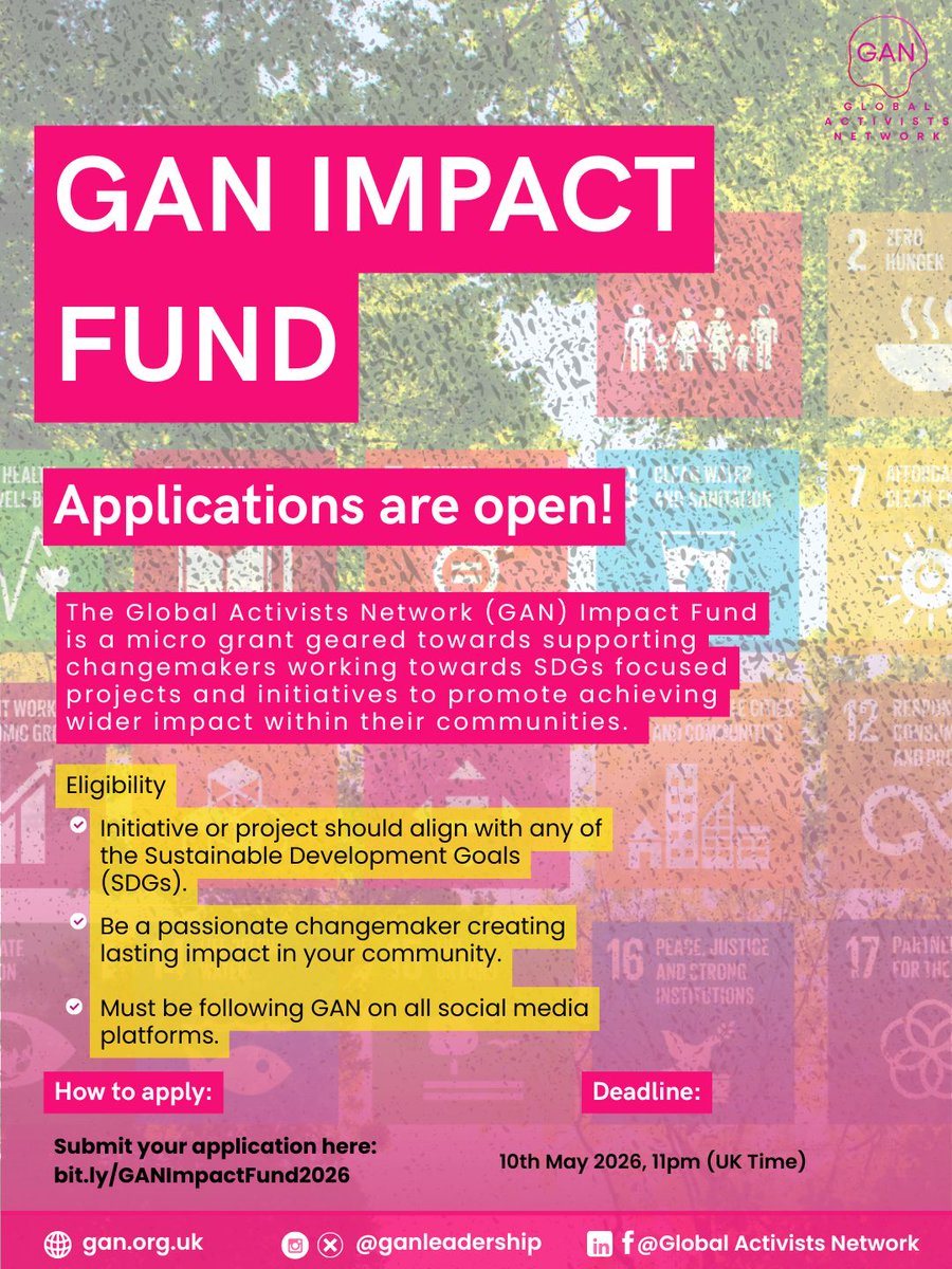 GanLeadership's tweet image. 🚀 The GAN Impact Fund 2026 is officially OPEN.

A micro-grant designed to empower grassroots changemakers driving SDG-focused solutions.

🎯 Selected beneficiaries will receive up to £100.

Apply now: bit.ly/GANImpactFund2…

#GANImpactFund #Changemakers #SDGs #SocialImpact