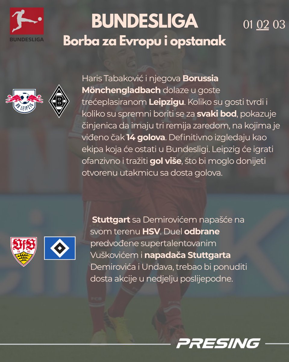 presingba's tweet photo. Isčekuje nas napeto kolo Bundeslige. Bitka za Ligu Prvaka između 4 ekipe te direktni okršaji za opstanak u ligi. Također, 3 naša aktuelna reprezentativca mogli bi biti glavni akteri u teškim duelima.
#bih #presing #bundesliga https://t.co/x7NeWsL6hh