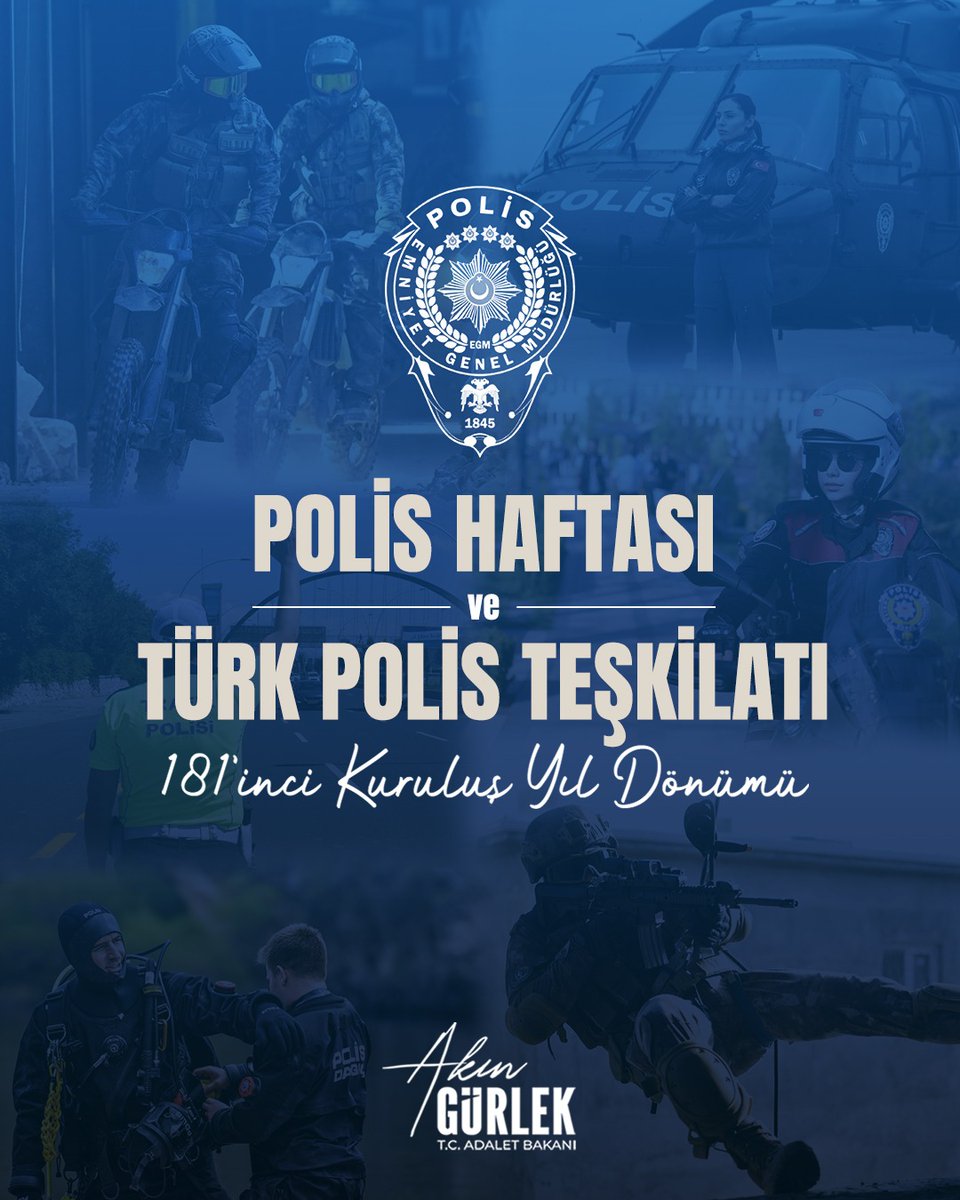 Milletimizin huzur ve güvenliği için fedakârca görev yapan Türk Polis Teşkilatımızın kuruluşunun 181’inci yıl dönümünü ve Polis Haftası’nı tebrik ediyor, görevleri başında şehit düşen kahraman polislerimizi rahmetle, gazilerimizi minnetle anıyorum.

Aziz milletimizin huzuruna