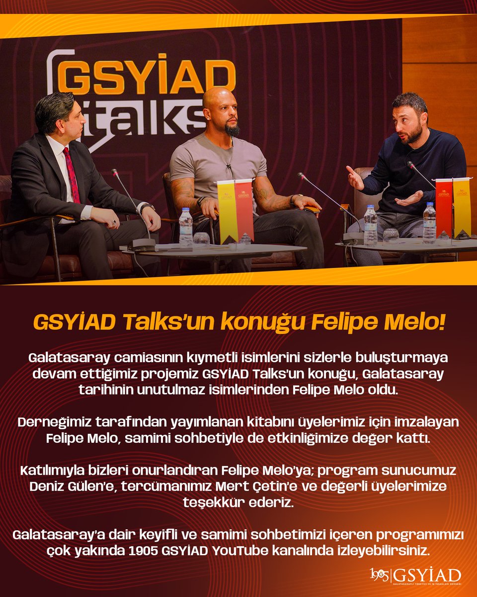 1905gsyiad's tweet photo. GSYİAD Talks’un konuğu Felipe Melo!

Galatasaray camiasının kıymetli isimlerini sizlerle buluşturmaya devam ettiğimiz projemiz GSYİAD Talks’un konuğu, Galatasaray
tarihinin unutulmaz isimlerinden Felipe Melo oldu.

Derneğimiz tarafından yayımlanan kitabını üyelerimiz için imzalayan Felipe Melo, samimi sohbetiyle de etkinliğimize değer kattı.

Katılımıyla bizleri onurlandıran Felipe Melo’ya; program sunucumuz Deniz Gülen’e, tercümanımız Mert Çetin’e ve değerli üyelerimize
teşekkür ederiz.

Galatasaray’a dair keyifli ve samimi sohbetimizi içeren programımızı çok yakında 1905 GSYİAD YouTube kanalında izleyebilirsiniz.