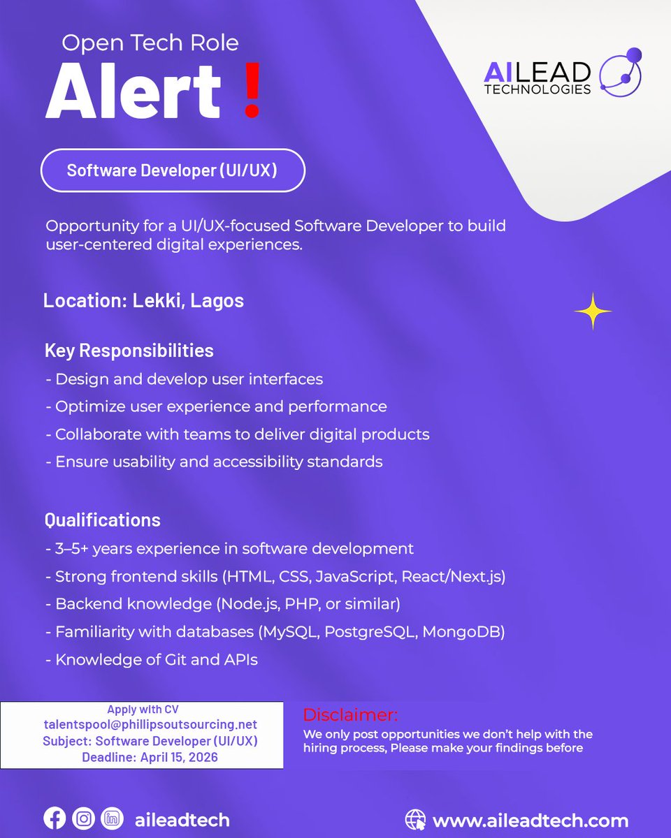 aileadtech's tweet photo. A Tech Job Opportunity Awaits You !

We’ve curated some exciting vacancies in tech and data.
Evidently, companies are actively looking for skilled professionals with these skill sets.

Don’t just scroll past opportunities like this. Prepare for them. https://t.co/vGp3Buwhrq