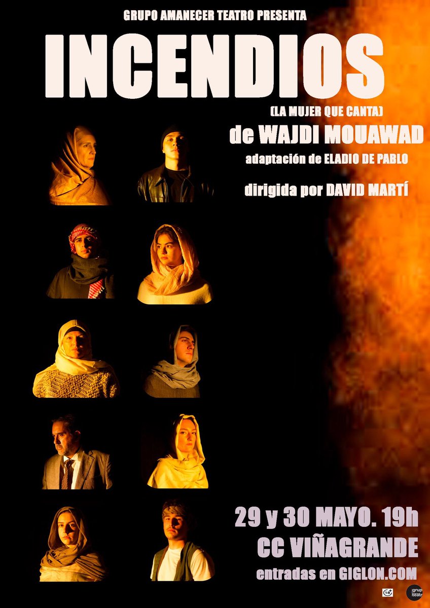 piinaa06's tweet photo. 🎭El Grupo Amanecer Teatro presenta:

INCENDIOS

Una madre. Un silencio. Una guerra que lo destruye todo. Wajdi Mouawad nos regala la obra más brutal y hermosa del siglo, y nosotros la traemos a Alcorcón🔥

📅29/30 mayo CC Viñagrande, Alcorcón

ENTRADAS ⬇️
https://t.co/K60gSvZ8uB https://t.co/mRqS9ERn6P
