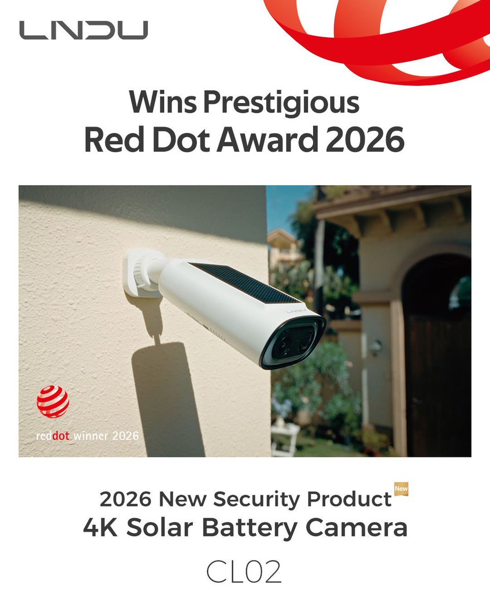 ArphaXiaodu's tweet photo. 🏆 Big news! Our solar-powered security camera CL02 just won the 2026 Red Dot Design Award!
Blending sleek design with smart security—best of both worlds. ✅
#LNDU #MUSEGoldAward #SolarSecurityCamera #SolarSecurityCameraCL02 https://t.co/ePMX1tM6cZ