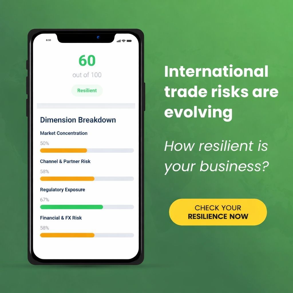 Go_Exporting's tweet photo. Market shocks, regulatory changes and supply chain disruption can hit fast. 

Our Export Resilience Scorecard helps you assess where you stand in just a few minutes, with a score out of 100 and tailored recommendations to strengthen your strategy - https://t.co/BMYkIhWVyU https://t.co/DHydPq98Jl