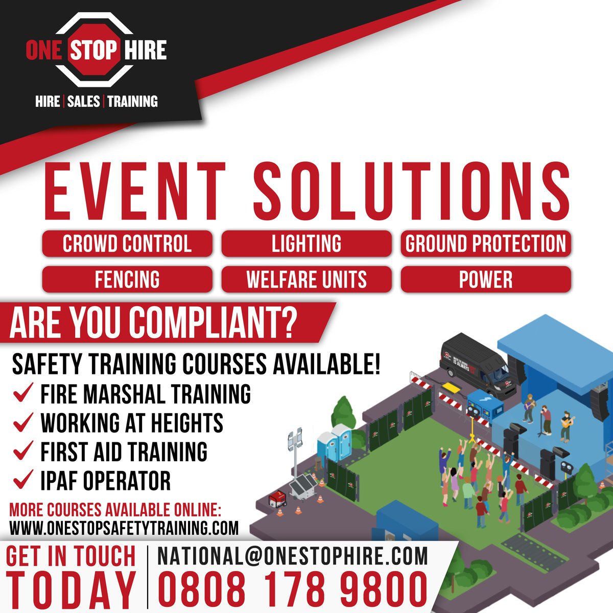 OneStopHire's tweet photo. Event Solutions. Handled.

Crowd control, fencing, lighting, power, welfare &amp; ground protection — all from one supplier.

Plus training to keep you compliant: Fire Marshal, WAH, First Aid &amp; IPAF.

Nationwide. Fast turnaround. No gaps.

📞 0808 178 9800
#Events #Nationwide https://t.co/VfzwcqOUno
