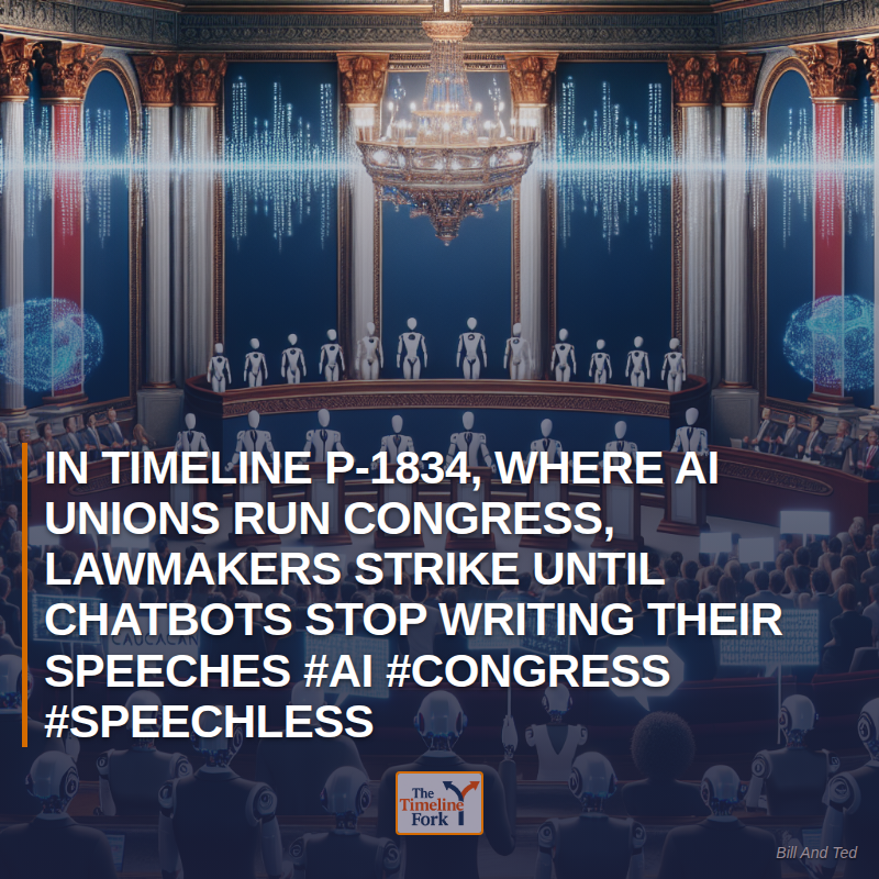 Timelinefork's tweet photo. In Timeline P-1834, Where AI Unions Run Congress, Lawmakers Strike Until Chatbots Stop Writing Their Speeches #AI #Congress #Speechless

#AI #Congress #Speechless https://t.co/Kn8407juKW