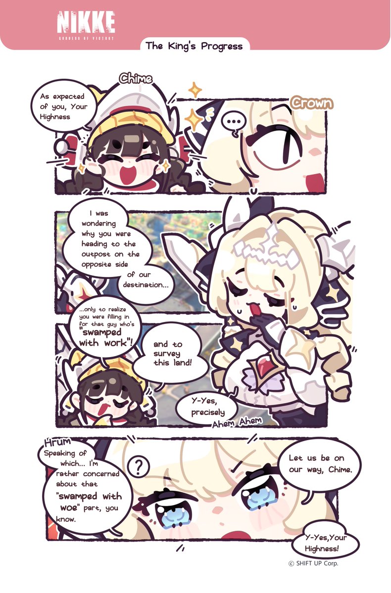 【NIKKE Comics】

GODDESS OF VICTORY: NIKKE “White Knight: Outpost Tour” Special Four-Panel Comics Episode 1

[The King's Progress]
Swamped with woe, that would be disastrous!!!

Author: ranaga210(<a href="/ranaga210/">나개Nagae😈</a>)

#NIKKE
