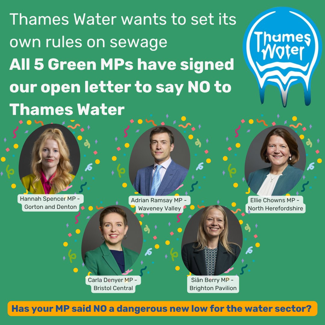 🏖️Thames Water's creditors want a holiday from the rules 

💸And they want us to pick up the bill 

💚All 5 Green MPs have said NO to Thames Water setting their own rules on sewage

Thank you <a href="/EllieChowns/">Dr Ellie Chowns MP</a> <a href="/AdrianRamsay/">Adrian Ramsay MP</a> <a href="/carla_denyer/">Carla Denyer</a> Siân Berry and Hannah Spencer!

⏰It's time for
