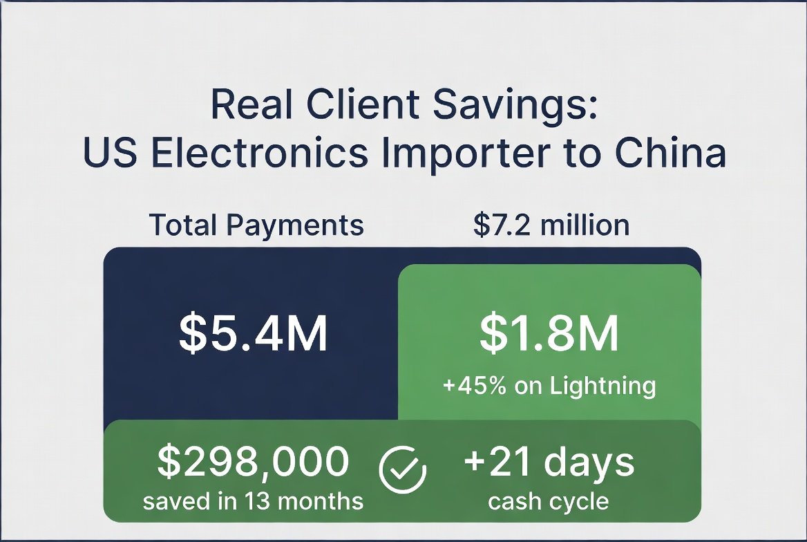 SatsHF's tweet image. US-based electronics importer: $7.2M annual supplier payments to China.
Adopted Lightning for 45% of volume.
Result after 13 months: $298,000 saved in fees + 21 days faster cash conversion cycle."  #LightningPayments #BitcoinForBusiness #Export
@TimDraper @Eric_BIGfund