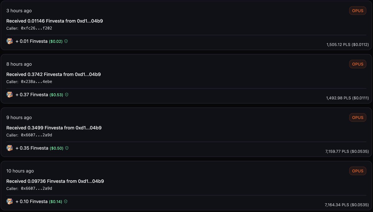 Opus on PulseChain reliably transfers drips of Finvesta to holders. No need to claim, stake or connect your wallet — simply hold Opus. 🖨️

If Finvesta ever revisits $100, quietly accumulating at these levels might not be unwise. 💵

CA: 0x3d1e671B4486314f9cD3827f3F3D80B2c6D46FB4