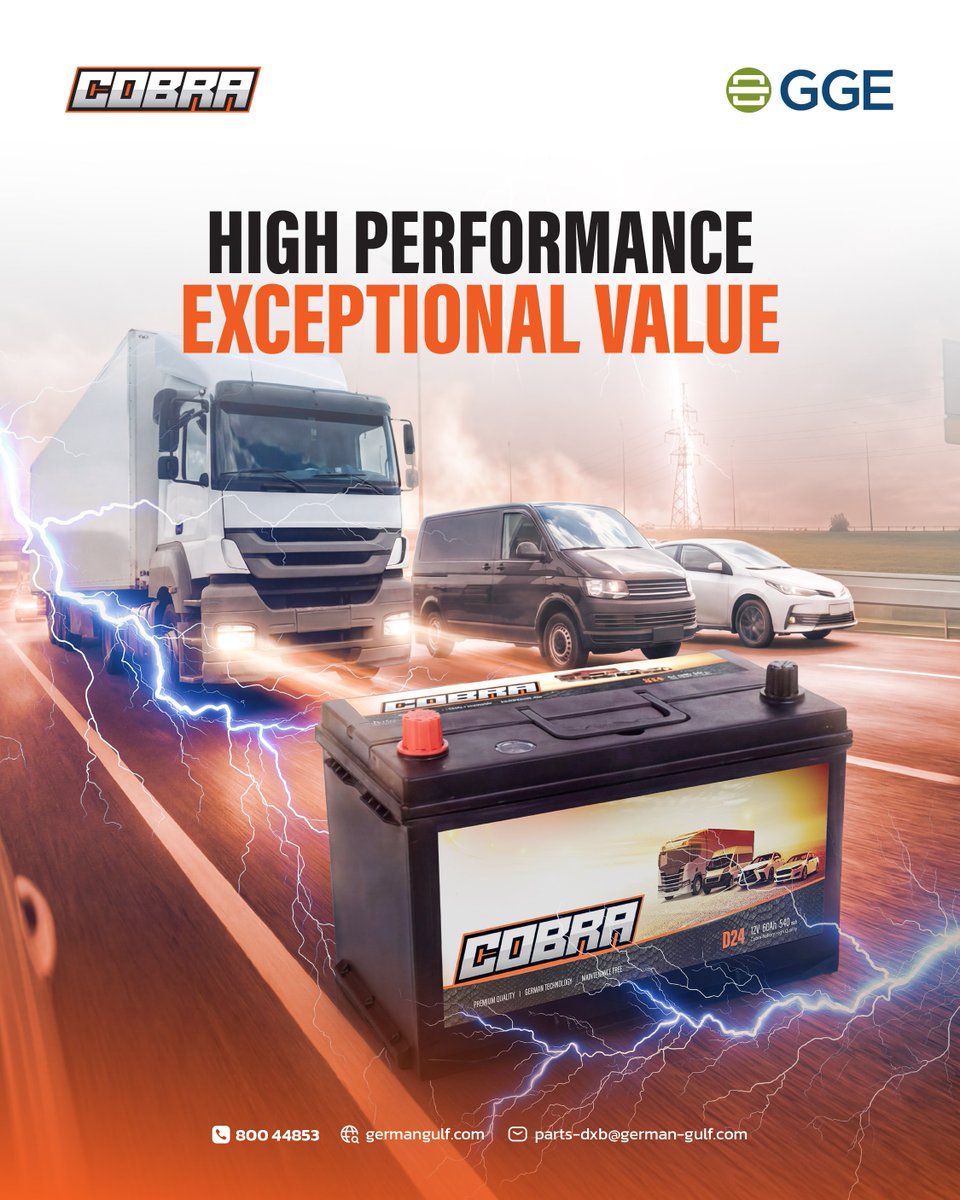 GermanGulfEnt's tweet image. Get high performance &amp;amp; great value. COBRA Battery offers both.

✅ 40-230A range for any car
✅ Durable, reliable power
✅ Low maintenance
✅ Cost-effective solution
Demand performance with value.
📞 800-GGULF
#COBRABattery #GermanGulf #Value #CostEffective
