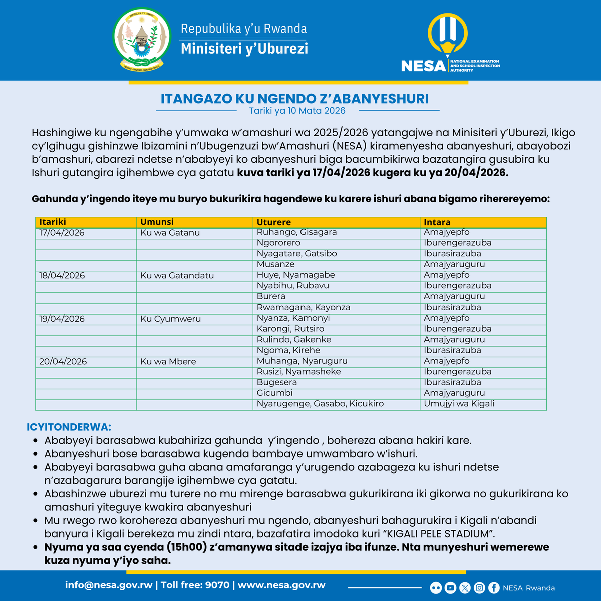 ITANGAZO KU NGENDO Z'ABANYESHURI