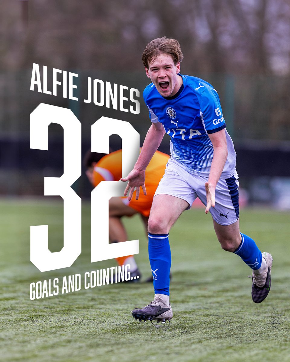 StockportCounty's tweet photo. 👏 Well done to Academy Scholar Alfie Jones, who has impressed this season, bagging 32 goals and counting across the campaign! 

Want to see more of County’s next generation in action? Secure your free tickets for the U17 PDL Cup final: https://t.co/a6ZhtLP1MZ 🎟

#StockportCounty