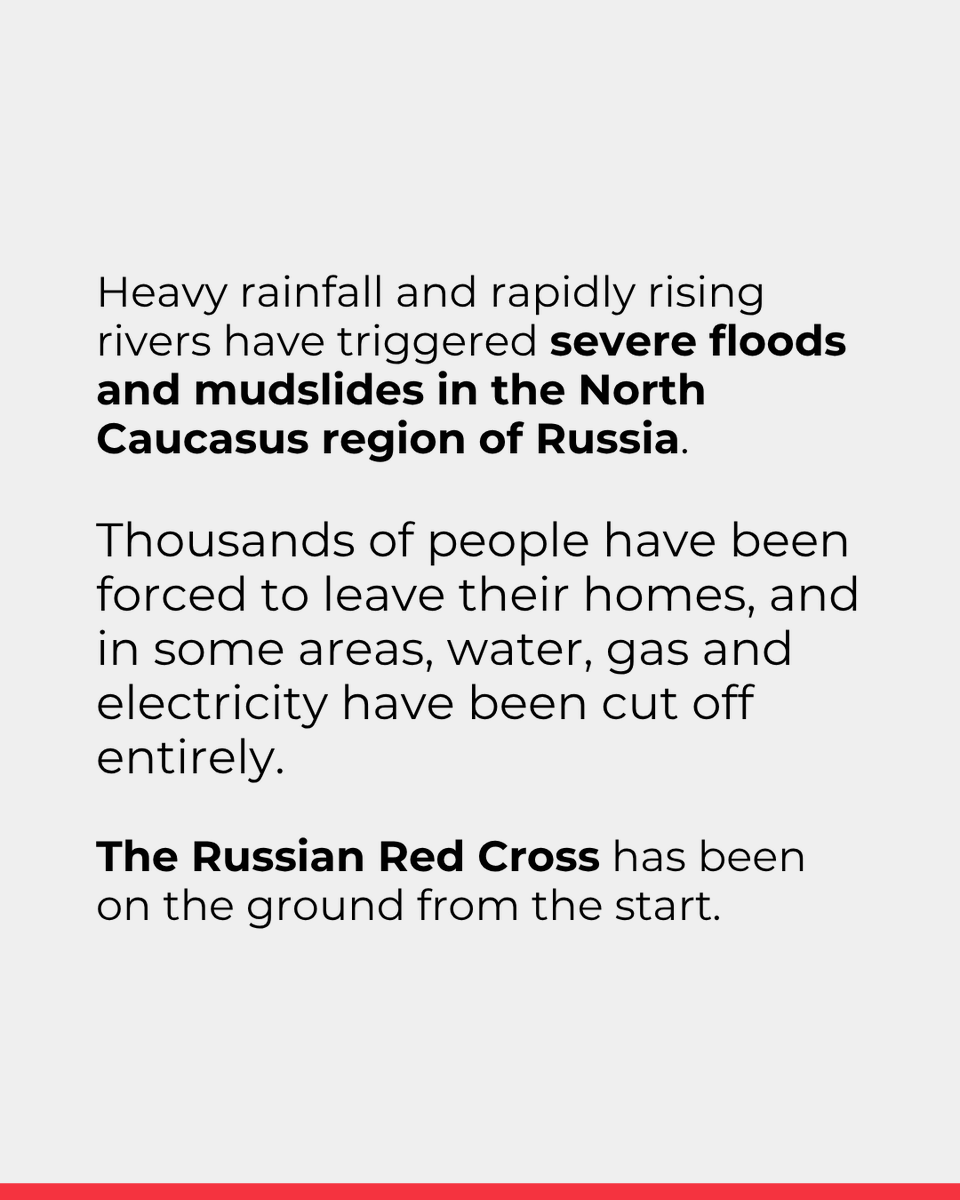 ifrc's tweet image. Devastating floods have struck Dagestan in Russia’s North Caucasus, forcing thousands from their homes and cutting off essential services like water, gas, and electricity.

From the very beginning, the Russian Red Cross has been on the ground, working alongside emergency services