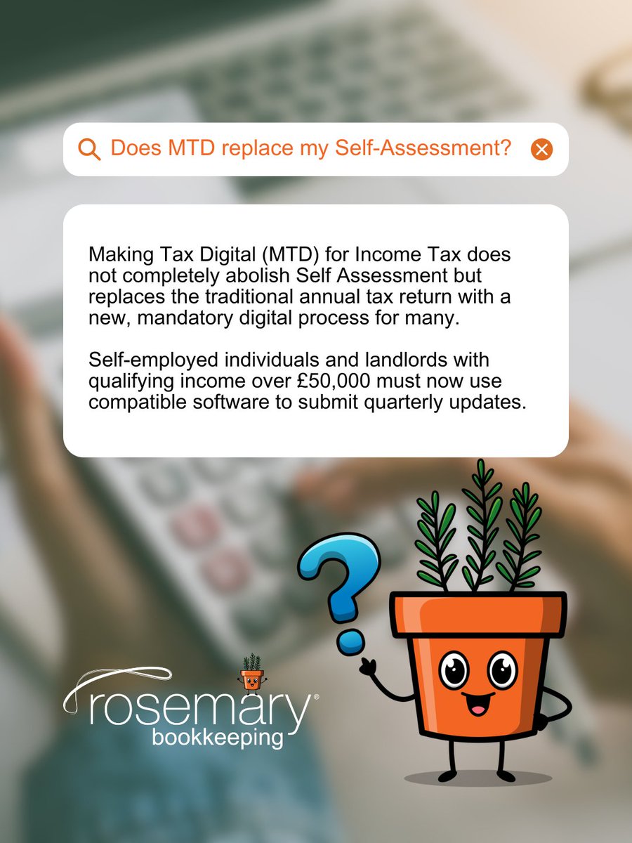 MTD doesn’t replace Self Assessment. It changes how and when you report.

rosemarybooks.co.uk | 0345862 0072

#MakingTaxDigital #MTD #SelfAssessment #RosemaryBookkeeping