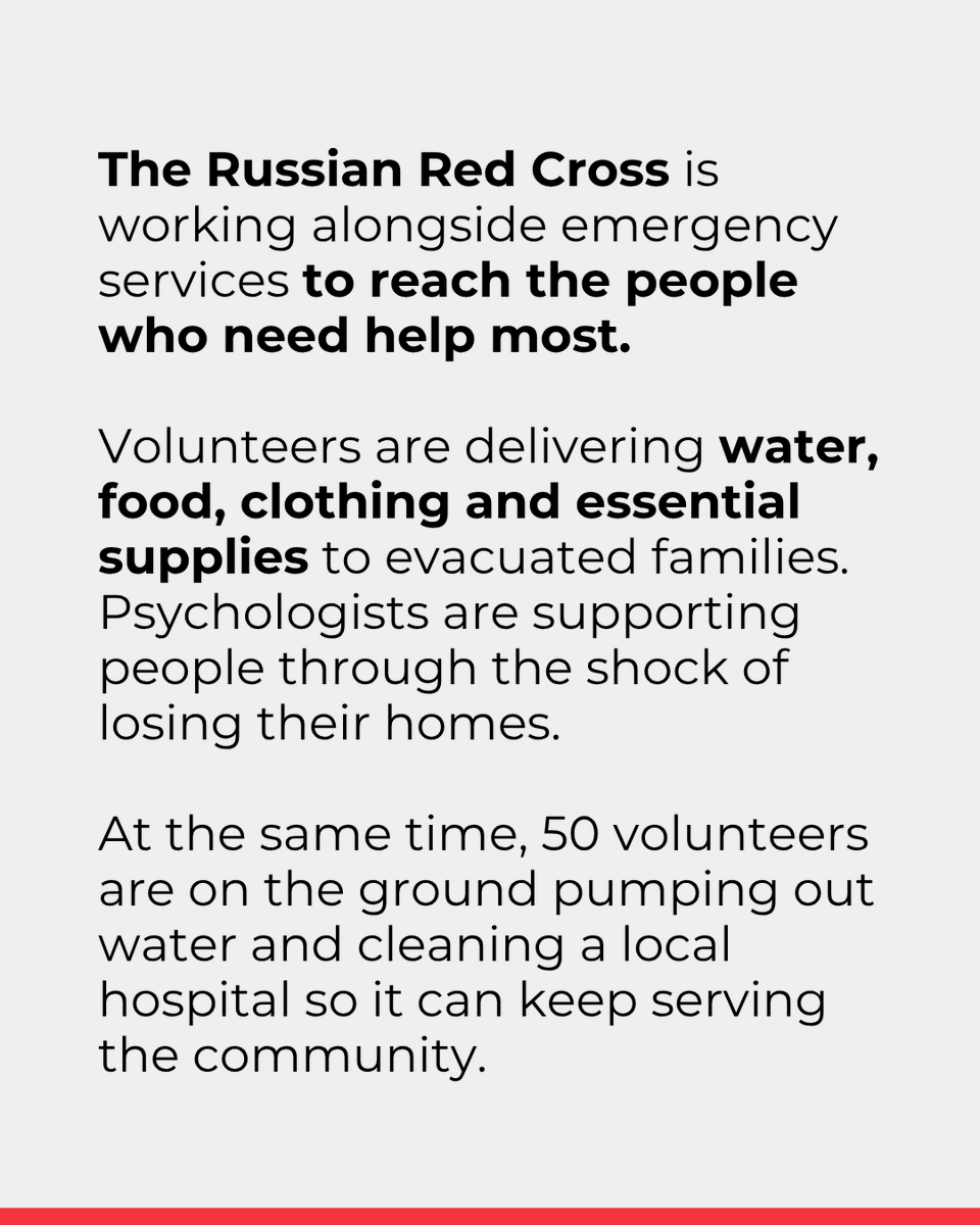 ifrc's tweet image. Devastating floods have struck Dagestan in Russia’s North Caucasus, forcing thousands from their homes and cutting off essential services like water, gas, and electricity.

From the very beginning, the Russian Red Cross has been on the ground, working alongside emergency services