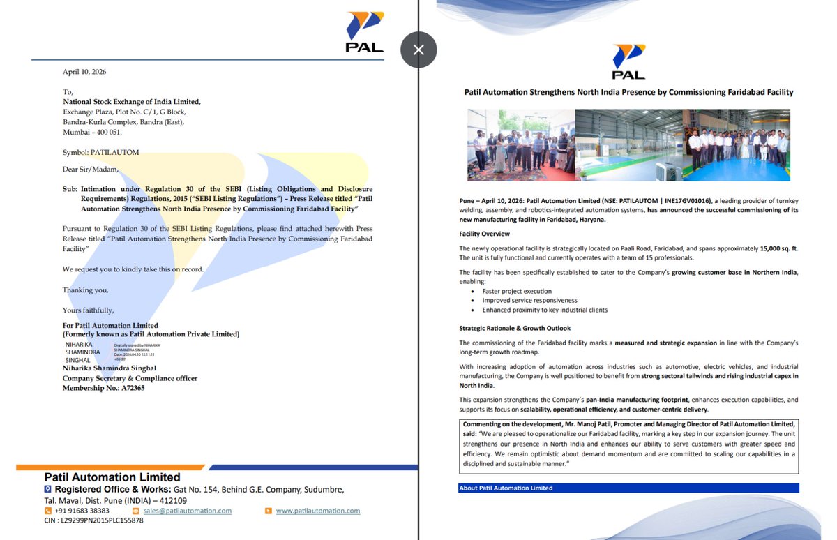 AvinashGoraksha's tweet image. Patil Automation Limited  has commissioned a 15,000 sq ft facility in Faridabad with a 15-member team. The unit is aimed at serving North India, with focus on improving execution timelines and customer proximity. 

#PatilAutomation #Manufacturing #Automation