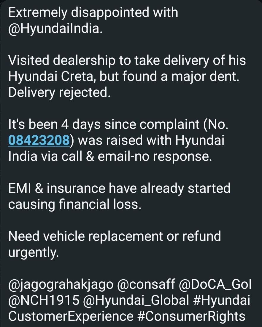 dhinchakRC's tweet photo. Extremely disappointed with @HyundaiIndia 

@jagograhakjago 
@consaff 
@DoCA_GOI
@NCH1915
@Hyundai_Global
#Hyundai
#ConsumerRights https://t.co/ImMz2QgkjC