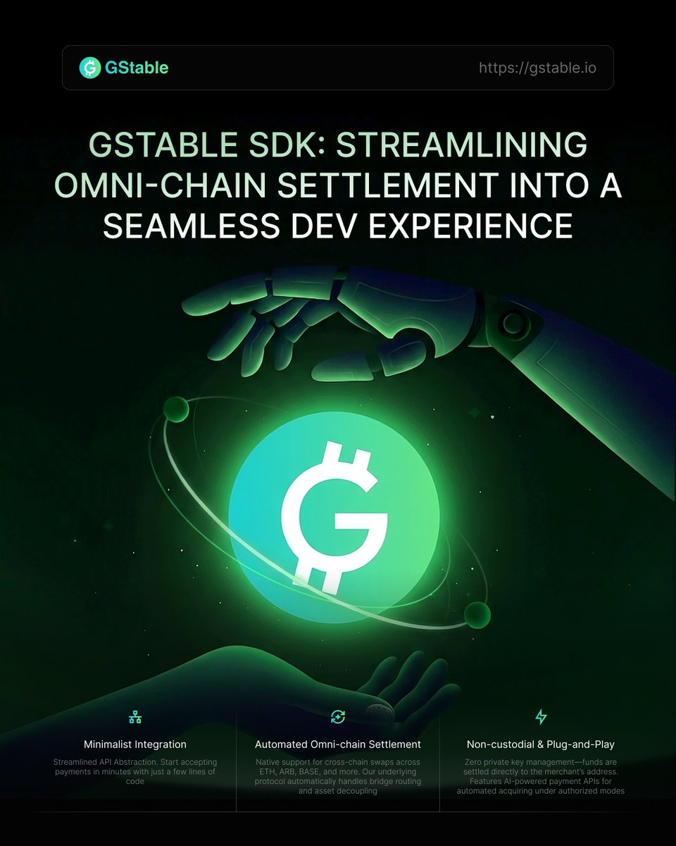 GStable_io's tweet photo. "Developer experience is the lever for the onchain economy." — Base 2026 Roadmap. ☕️

We don't do "manuals." We do results. The GStable SDK turns complex omnichain settlement into a streamlined workflow:

🔹 Minimalist API: Go live in minutes, not days. 
🔹 Auto-Routing: Seamless settlement across ETH, ARB, Base, and more. 
🔹 Non-Custodial: Direct-to-merchant funds + AI-ready automation.
Infrastructure is at its best when you don't even know it's there. 🌬️
#DevEx #Web3Dev #GStable #PayFi #BuildOnBase