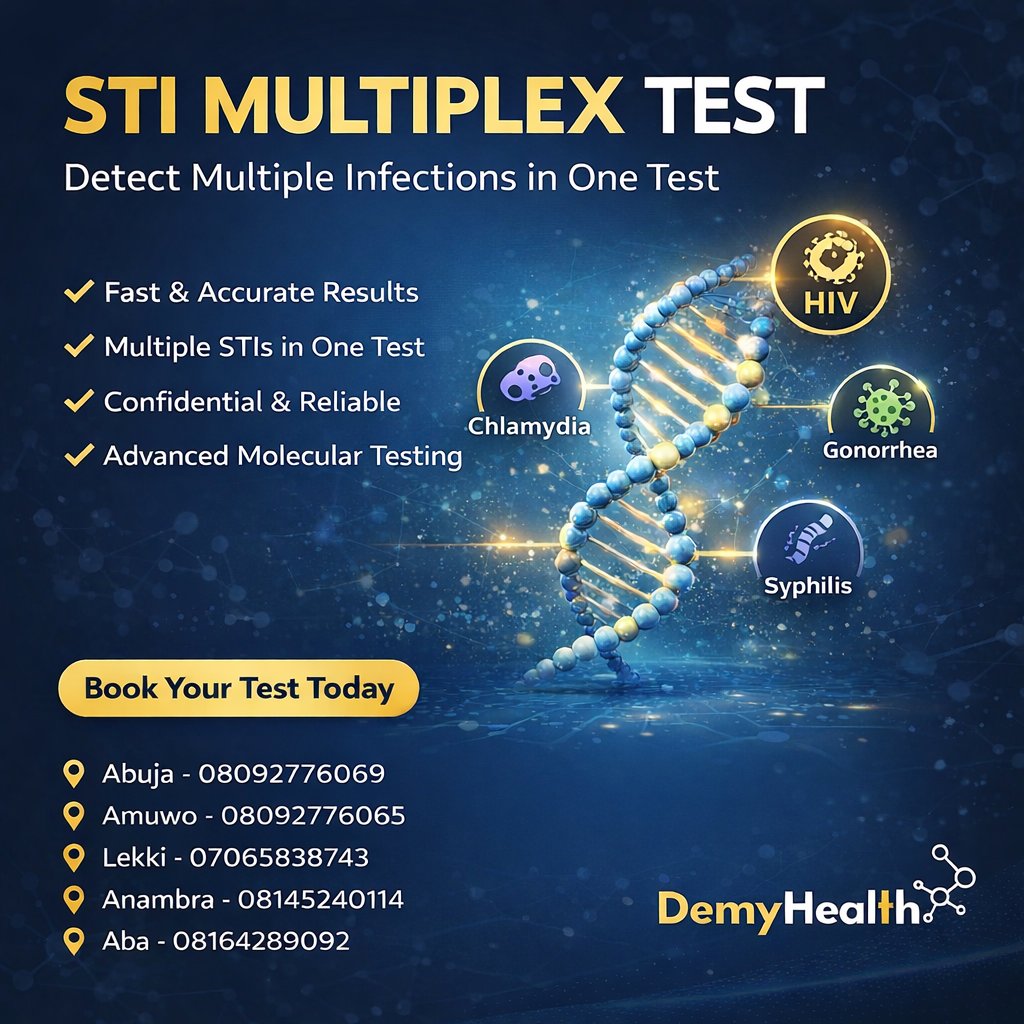 DEMYHEALTH's tweet image. One test. Multiple STI checks. 🔬

No symptoms ≠ No infection.

Get tested. Stay safe.

📍 Abuja | Amuwo | Lekki | Anambra | Aba
#DemyHealth #STITest #KnowYourStatus