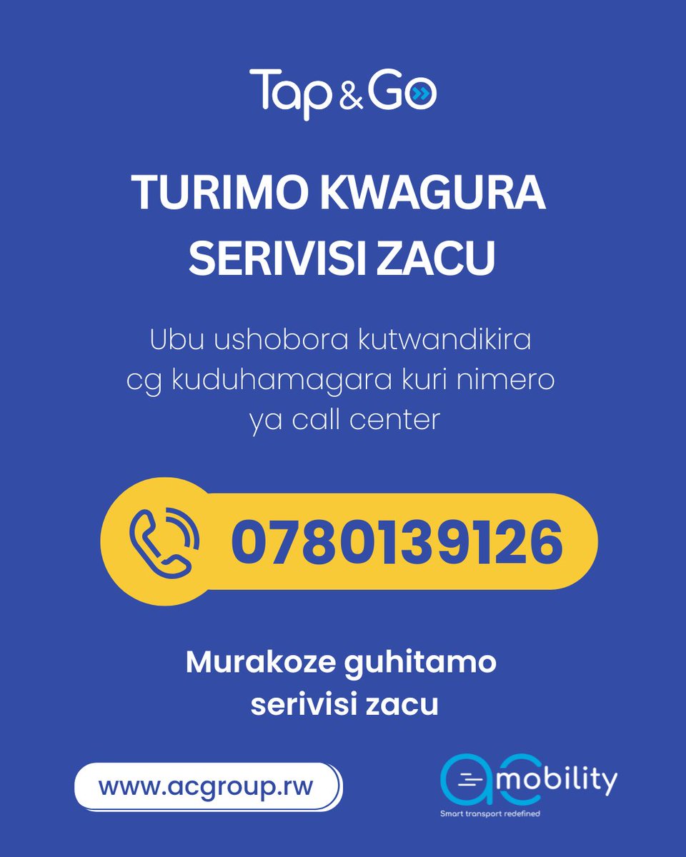 acmobilityrw's tweet photo. Mwaramutse,
Turabamenyesha ko twaguye serivisi zacu. Ubu mushobora kuduhamagara kuri 0780139126.

Murakoze! https://t.co/xlMbTJQRKx