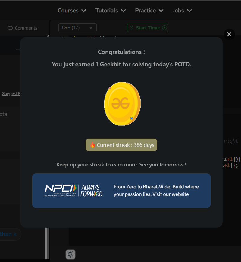 Soni490's tweet photo. 🚀 Day 55/60 – GFG × NPCI Challenge

Solved: Sorted Subsequence of Size 3
Approach: 📊 Preprocessing (Left Min + Right Max)
Tracked smaller on left &amp; greater on right to find valid triplet. 💪

#60DaysChallenge #DSA #Arrays #GeeksforGeeks #NPCI

@GeeksforGeeks @NPCI_NPCI https://t.co/fKWmtYxt3v
