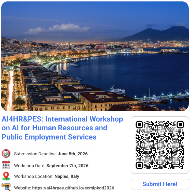 aidaugent's tweet photo. We are once again organizing the #AI4HR&PES Workshop at Europe's top Machine Learning Conference, #ECMLPKDD 2026! 🤓
Submit 🚀 your paper 📜 and join us in beautiful Naples 🌋, Italy, for a full day of invited talks (from industry and academia), presentations, poster sessions, and discussions. We will cover topics such as labour market analytics, job matching, skill extraction and forecasting, LLMs and Agentic solutions for recruitment, and much more! 🤩