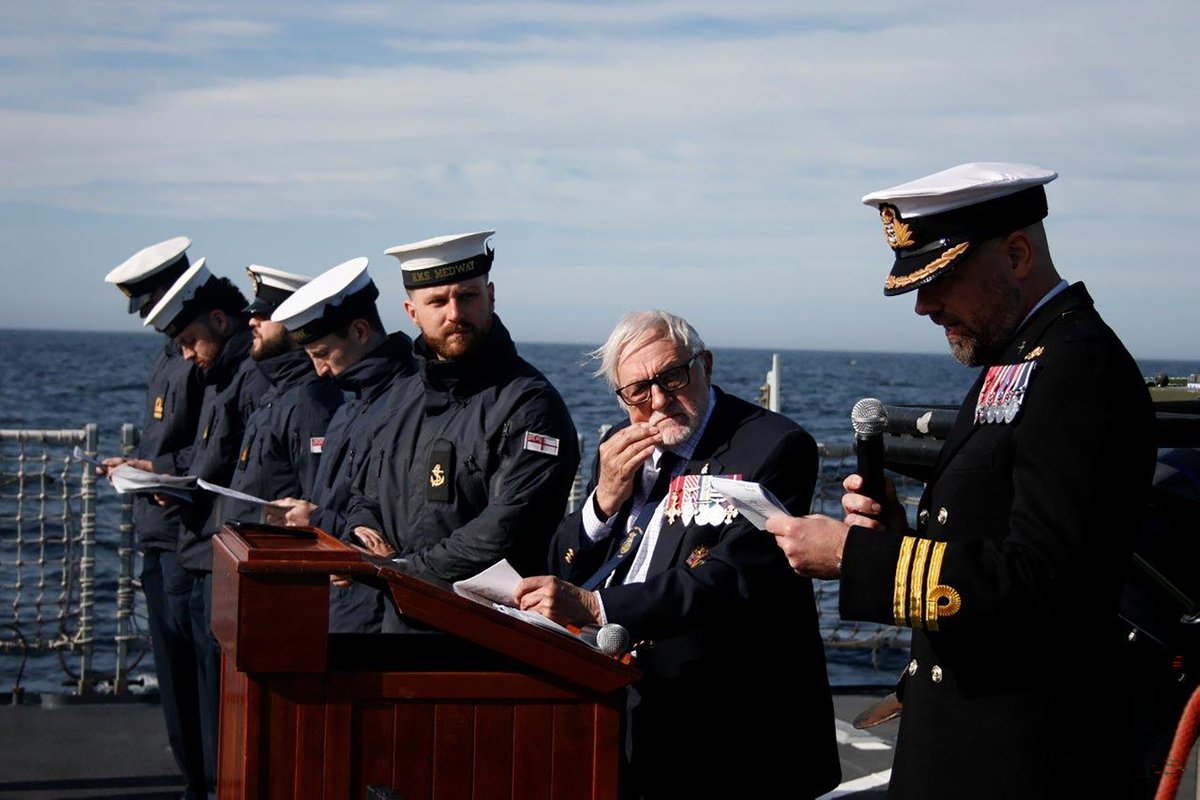RoyalNavy's tweet image. The crew of @HMS_Medway hosted a #Falklands veteran for a remembrance service in the South Atlantic to mark the 44th anniversary of the loss of #HMSSheffield.

Read more: royalnavy.mod.uk/news/2026/apri…