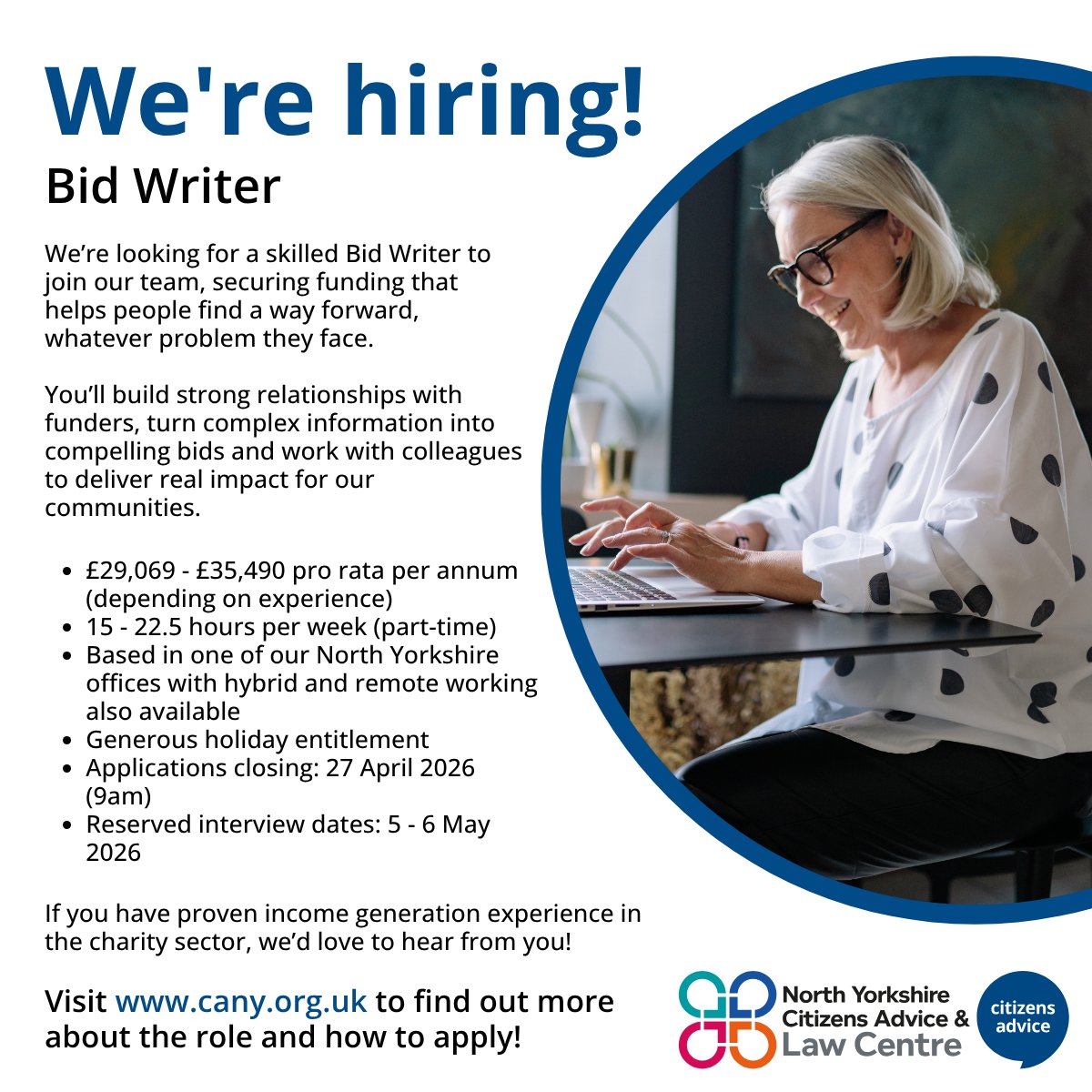 CANorth_Yorks's tweet image. 🚨 We’re hiring a Bid Writer!
Join North Yorkshire Citizens Advice &amp;amp; Law Centre to secure funding that changes lives.
💷 £29k–£35k (pro rata)
🕒 15–22.5 hrs/week
📍 North Yorkshire 
📅 Closes 27 April (9am)
👉 cany.org.uk⁠
#CharityJobs #BidWriter #Hiring
