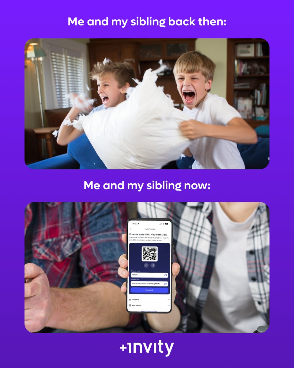 invity_io's tweet photo. It's Siblings Day. Refer yours before they refer you.
They get 10% lower fees. You get 33% back in BTC. Forever.
#Invity #SiblingsDay #Invityapp #referral https://t.co/4BdGYtPqkG