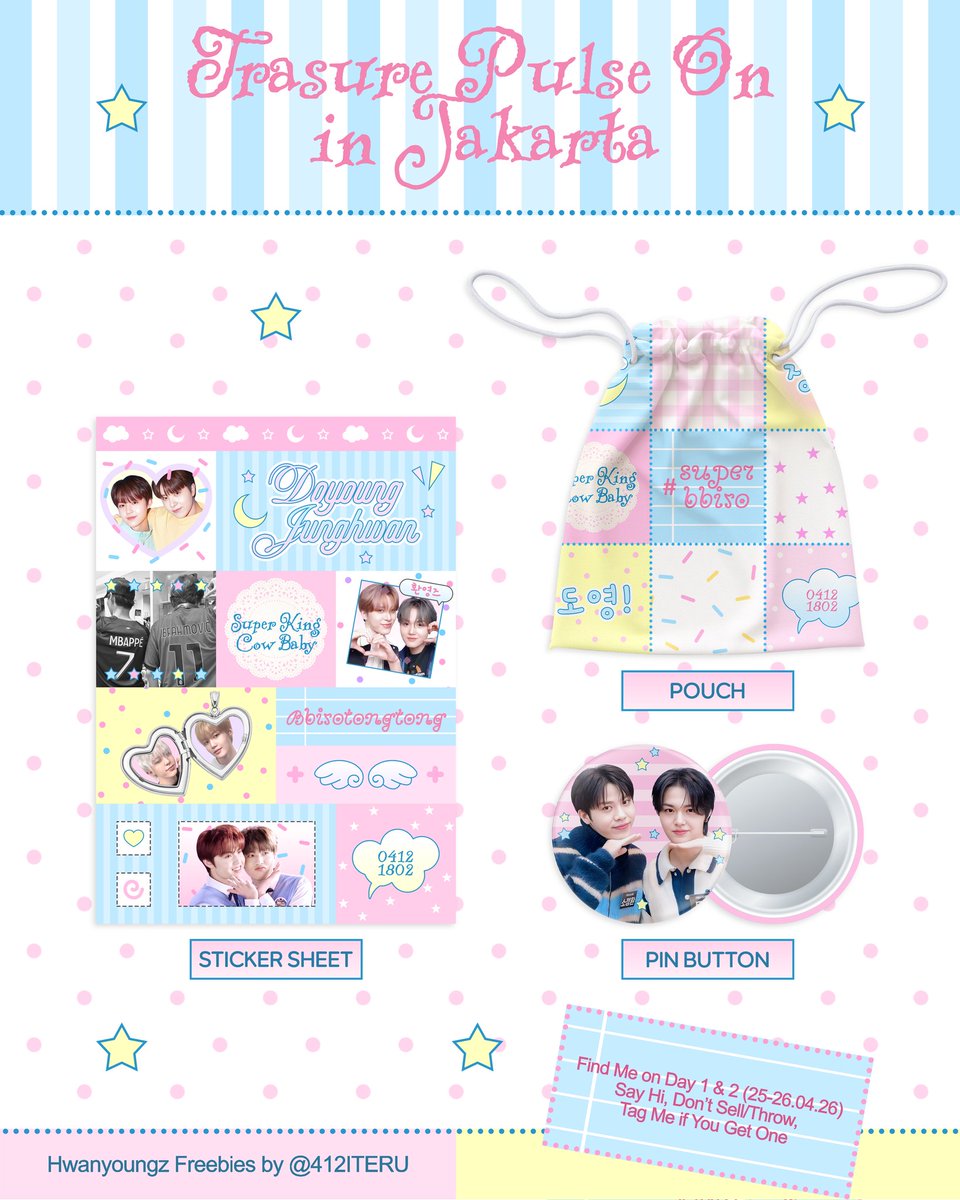 ⋆ 𝗵𝘄𝗮𝗻𝘆𝗼𝘂𝗻𝗴𝘇 𝗳𝗿𝗲𝗲𝗯𝗶𝗲𝘀 ⋆ 
by @412iteru

< @ Treasure Pulse On in Jakarta >
🗓 25-26.04
✰ limited qty
✰ place n time TBA!
✰how? #RT &amp; ♡, show me your doyoung &amp; junghwan stuffs!

see u there, ଘ(´•3•)⊃━💎
#TREASURE_PULSE_ON_IN_JAKARTA #PULSE_ON_IN_JAKARTA