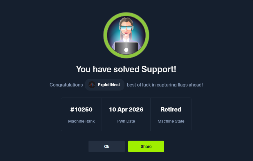 ExploitNest's tweet photo. Just Pwned Support 💻🔥
Another box down on HTB 🧠💀
Skills Learned
Connecting to an SMB share 
Quering an LDAP server for information 
Performing a Resource Based Constrained Delegation attack.
#HackTheBox #CyberSecurity #Pentesting #redteam https://t.co/ezbnTjCT66