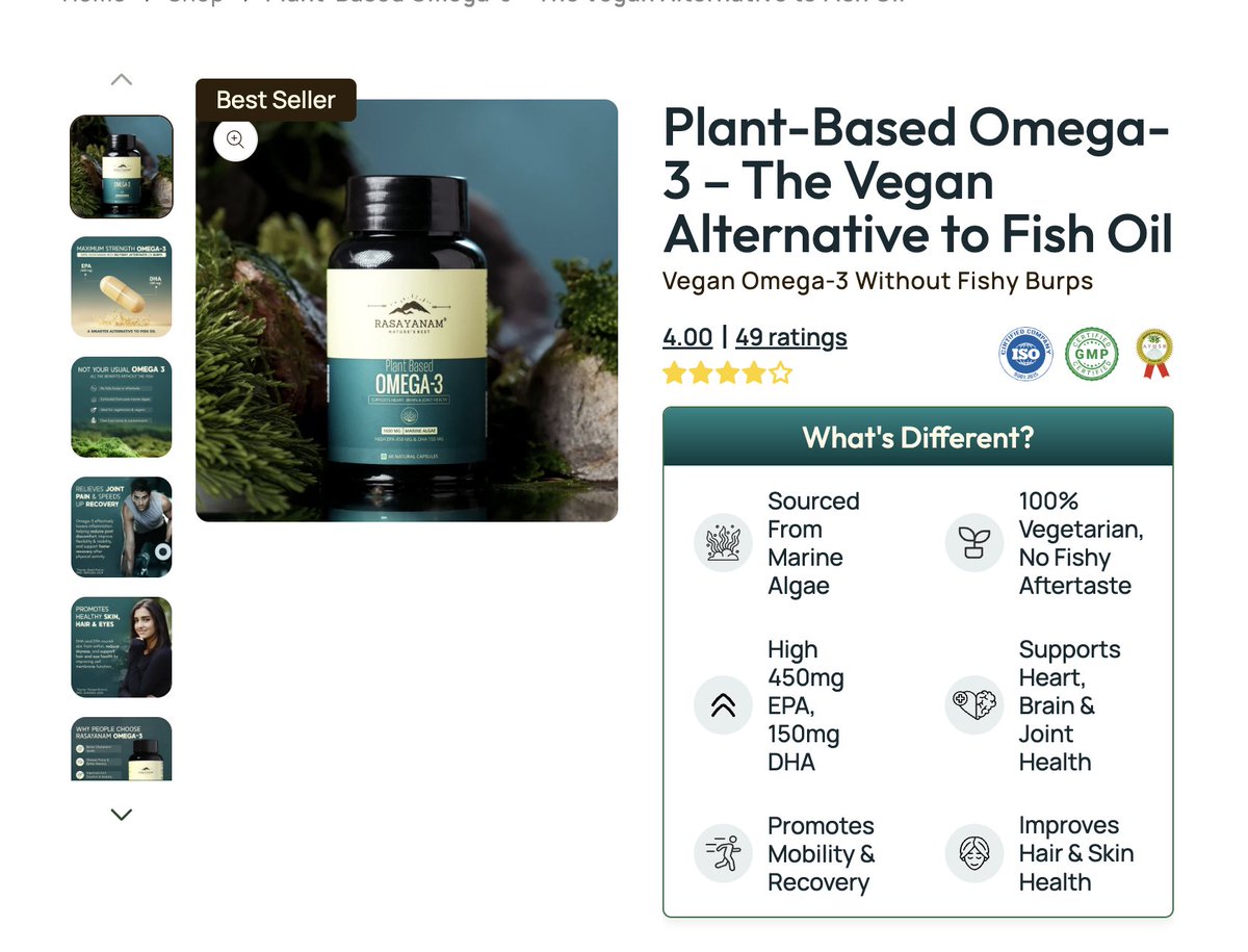 Found something very interesting:

I was trying to find Vegan Omega 3 (with high EPA) in India. Basically impossible to find.

Finally found this brand called Rasayanam. They advertise "high 450mg EPA".

Was about to buy it but ran it through Claude first asking "is this safe to