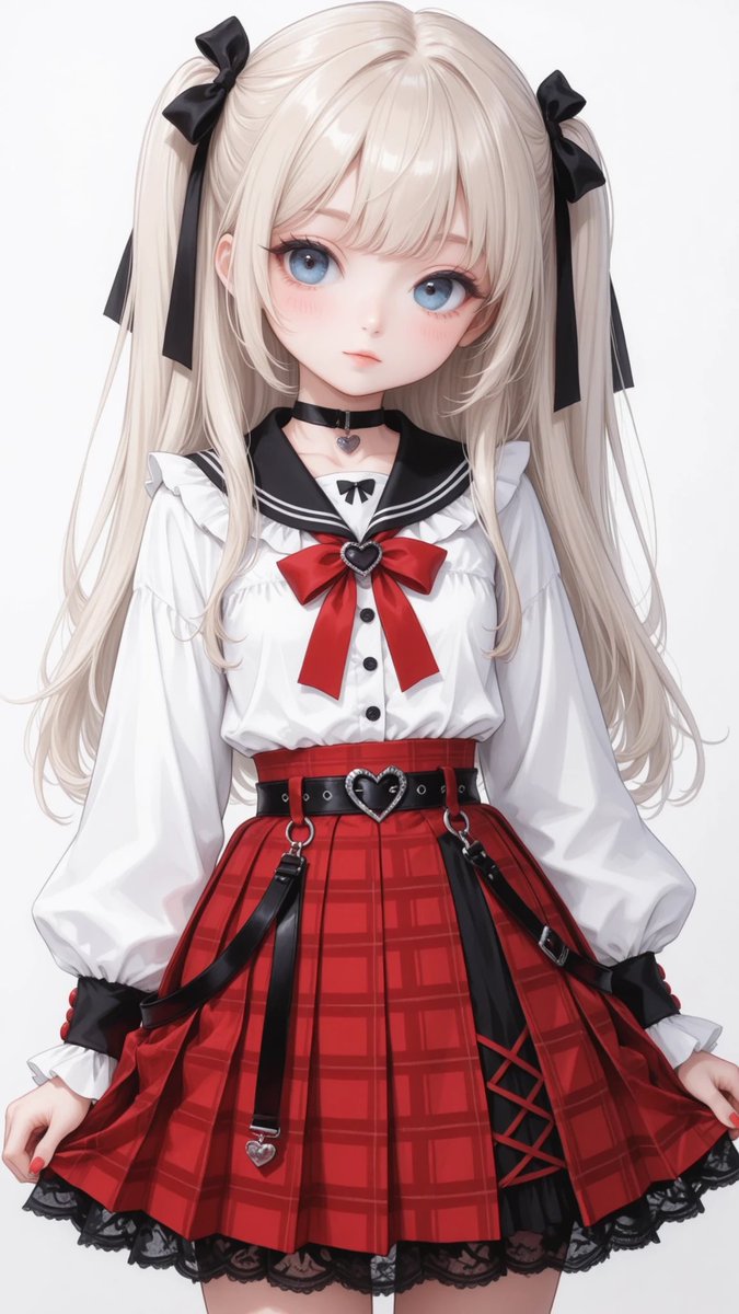 AliceLavli's tweet photo. 衣装プロンプトどうぞ✨
white blouse, soft fabric, long sleeves with volume, gathered cuffs with frill trim, sailor-style collar with red line accents, front button design with small red buttons, large red ribbon bow at chest, delicate feminine silhouette, high-waisted red plaid skirt, pleated design, vibrant red tartan pattern, short length, flared shape, lace trim peeking from hem, black waist belt with heart-shaped buckle, additional black strap belts hanging from waist, side lace-up details on skirt with ribbon threading, small black ribbon bows at lace-up ends, structured girly silhouette, red black white color palette, sweet gothic inspired fashion