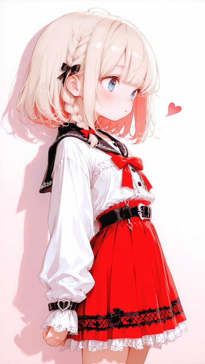 AliceLavli's tweet photo. 衣装プロンプトどうぞ✨
white blouse, soft fabric, long sleeves with volume, gathered cuffs with frill trim, sailor-style collar with red line accents, front button design with small red buttons, large red ribbon bow at chest, delicate feminine silhouette, high-waisted red plaid skirt, pleated design, vibrant red tartan pattern, short length, flared shape, lace trim peeking from hem, black waist belt with heart-shaped buckle, additional black strap belts hanging from waist, side lace-up details on skirt with ribbon threading, small black ribbon bows at lace-up ends, structured girly silhouette, red black white color palette, sweet gothic inspired fashion