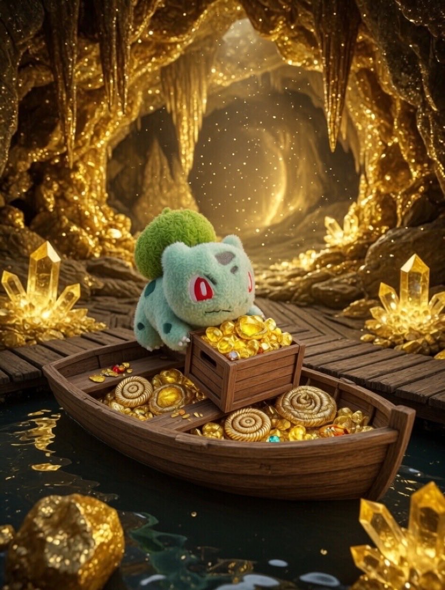 Good morning captains 🏴‍☠️

Day 42 of the great shiny Bulbasaur hunt 230+ hours deep.

After the volcano chaos we found a hidden cave full of gold. Plush Bulbasaur immediately claimed a small boat and loaded it with gold.

In this madness, I was busying taking a chest I found to