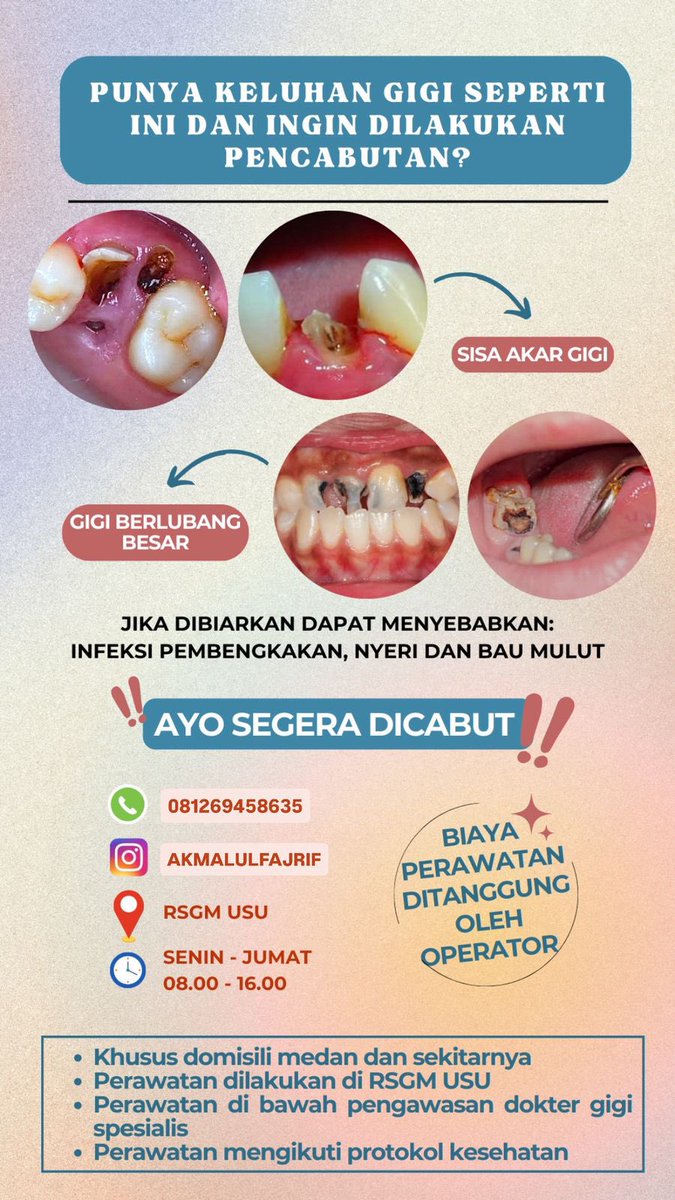 ivyvycy's tweet photo. @rkinnz haloo kak, aku gabisa dm kakak huhu, kebetulan nih ada koas gigi medan yg lagi cari pasien cabut gigi berlubang besar/sisa akar gigi, boleh hubungin cp tertera yaa kak🤍 https://t.co/z3ABVTjui5