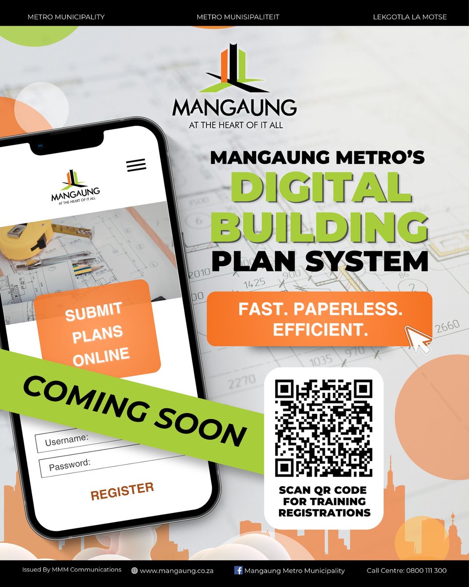 CityofMangaung_'s tweet photo. Mangaung Metro is stepping into the digital future.
A new online app for submitting building plans will be launching soon, designed to make the process faster, easier, and more accessible for everyone.
Stay tuned for updates.

#OnlineBuildingPlans
#eServicesMMM
#DigitalTransform https://t.co/cVvFqxXboq