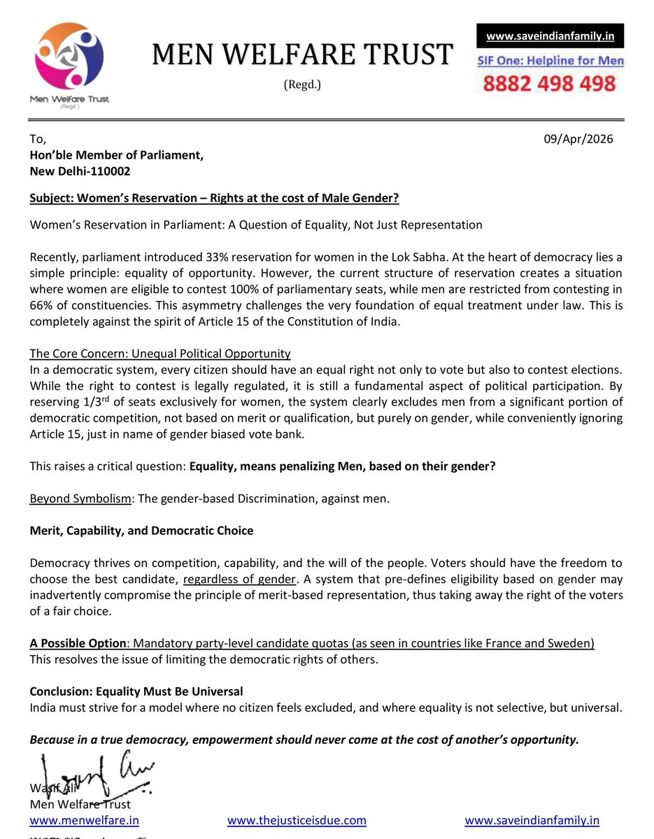 #WomenReservationBill violates Rights of BOTH, voters and of male contestants.

#MaleVoteBank will always remember this <a href="/BJP4India/">BJP</a> <a href="/INCIndia/">Congress</a> <a href="/AamAadmiParty/">AAP</a> <a href="/AITCofficial/">All India Trinamool Congress</a> <a href="/samajwadiparty/">Samajwadi Party</a> <a href="/Jduonline/">Janata Dal (United)</a> <a href="/JaiTDP/">Telugu Desam Party</a>

<a href="/ANI/">ANI</a> <a href="/the_hindu/">The Hindu</a> <a href="/htTweets/">Hindustan Times</a> <a href="/TOIIndiaNews/">TOI India</a> <a href="/DainikBhaskar/">Dainik Bhaskar</a> <a href="/JagranNews/">Dainik Jagran</a>