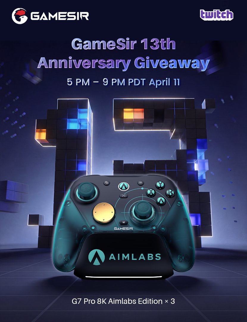GamesirLive's tweet image. Happy 13th Anniversary, GameSir! 

Thank you for being part of our story. Let’s continue this incredible journey together! ❤️

ANNIVERSARY GIVEAWAY: We’re dropping 3x G7 Pro 8K Aimlabs Edition during tomorrow’s stream!

twitch.tv/mygamesir
