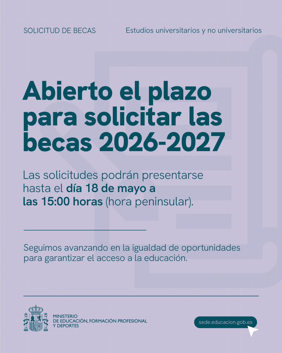 desdelamoncloa's tweet photo. ❗ Abierta la convocatoria de becas y ayudas al estudio para el curso 2026-2027.

✏️ Los alumnos que vayan a cursar bachillerato, estudios universitarios, FP, enseñanzas artísticas superiores, deportivas o de idiomas, entre otros, pueden pedir su beca.

https://t.co/d2Djmpbxxt https://t.co/YH1ZJSktw6