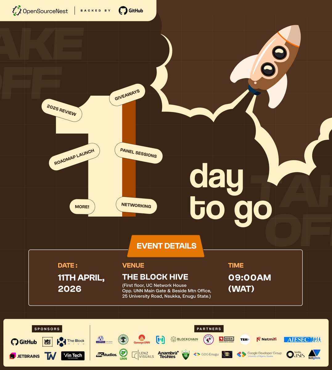 OpenSourceNest's tweet photo. 🔥IT'S TOMORROW 🔥

24hours to TakeOff are you ready⁉️
FEATURING
🔥 INTRODUCTION TO OPEN SOURCE KEYNOTES
🔥 ROADMAP LAUNCH
🔥 PANEL SESSION
🔥GIVEAWAYS

Secure your spot now:
https://t.co/meSMuKkDoc

SEE YOU AT TAKEOFF 🫵

#TakeoffByOSN #TAKEOFF2026 #OSNCampaign25 https://t.co/6sgwbcjsTU