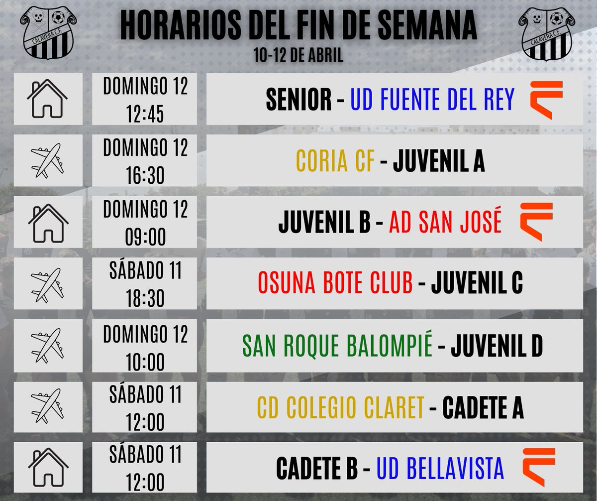 CalaveraCFutbol's tweet photo. 📅⚫️ ¡𝗙𝗜𝗡 𝗗𝗘 𝗦𝗘𝗠𝗔𝗡𝗔 𝗜𝗠𝗣𝗢𝗥𝗧𝗔𝗡𝗧𝗘!

🏴‍☠️ El 𝗣𝗥𝗜𝗠𝗘𝗥 𝗘𝗤𝗨𝗜𝗣𝗢 recibe al @UDFuenteDelRey a un paso del objetivo.

‼️ El 𝗝𝗨𝗩𝗘𝗡𝗜𝗟 𝗔 visita al @Coria_CF en un duelo clave por la permanencia.

📺 𝗦𝗶𝗲𝘁𝗲 partidos en 𝐏𝐋𝐀𝐘 𝐑𝐅𝐀𝐅.

#CreerEsPoder https://t.co/FNoQHJQoxR