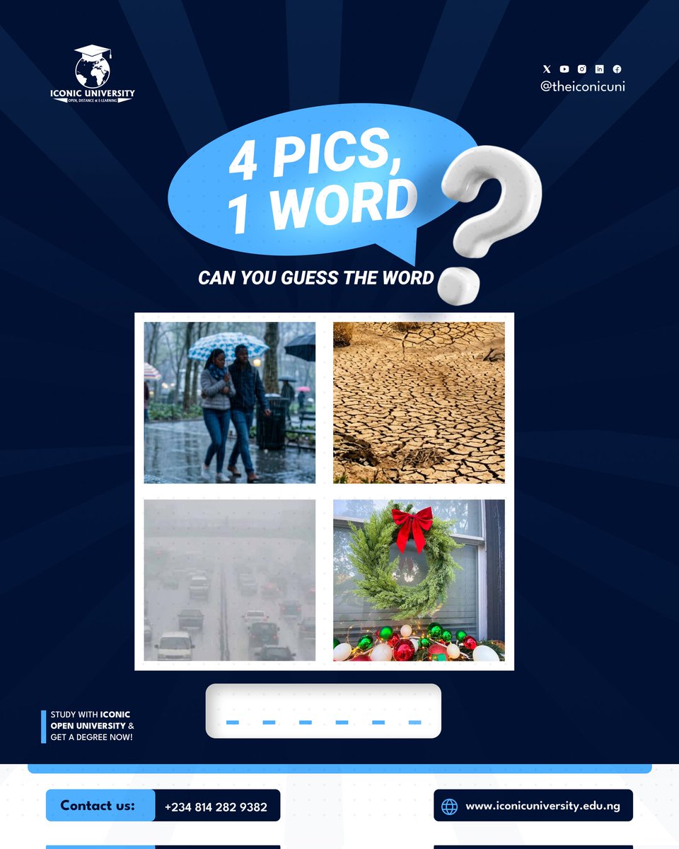 TheIconicUni's tweet image. 4 pictures. 1 word.
Tag a friend who loves puzzles… let’s see who cracks it first.

🎓 While you’re here, sharpen your mind with Iconic Open University. Learning never goes out of season. 😉

#4Pics1Word #IconicUniversity #StudyOnline