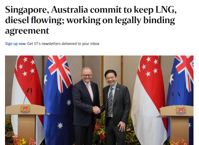 SStapczynski's tweet photo. An example of how Australia is using its LNG cloud to secure fuel 👇

Singapore guaranteed fuel supplies, like diesel, to Australia during leaders summit

Qatar was Singapore's top LNG supplier, but those shipments have stopped due to the war. Australia can help fill that void https://t.co/D3GtO5adDO