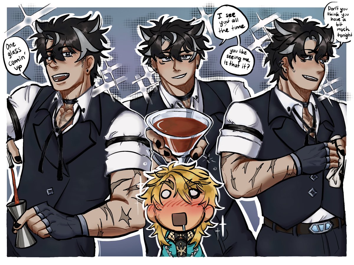 lazuyas's tweet photo. Bartender wrio + drunk varka (OMG ITS FINALLY DONE😭😭) https://t.co/Y7jGn22urs