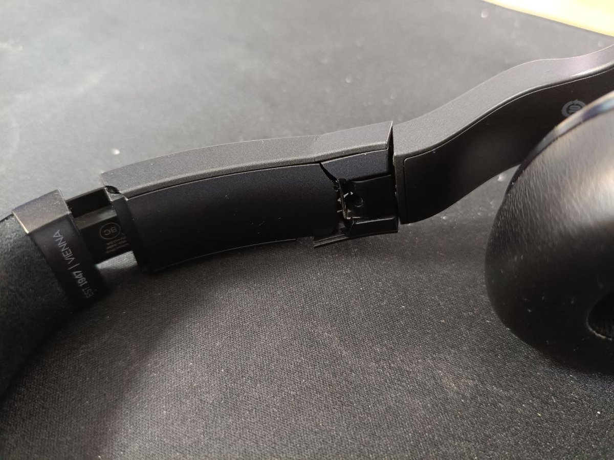 techjock's tweet photo. Here are the headphones just a few days before they broke completely.  I had been intending to ask you about the cracking and apparently imminent failure of the plastic.  (Of course, they later did actually break completely as I removed them from my head). https://t.co/JsUcRGNGJP