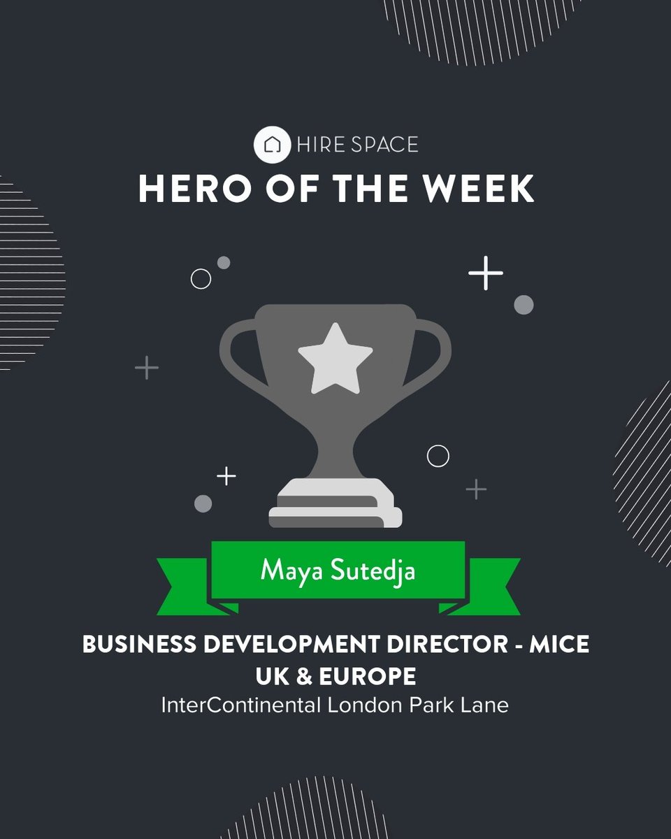 HireSpace's tweet image. 🏆 This week's Hire Space Hero of the Week is Maya Sutedja from @InterConPkLane! Thank you for the lovely hospitality hosting our team off-site — warm, welcoming, and truly exceptional ✨👏💚 #HireSpaceHero #EventProfs