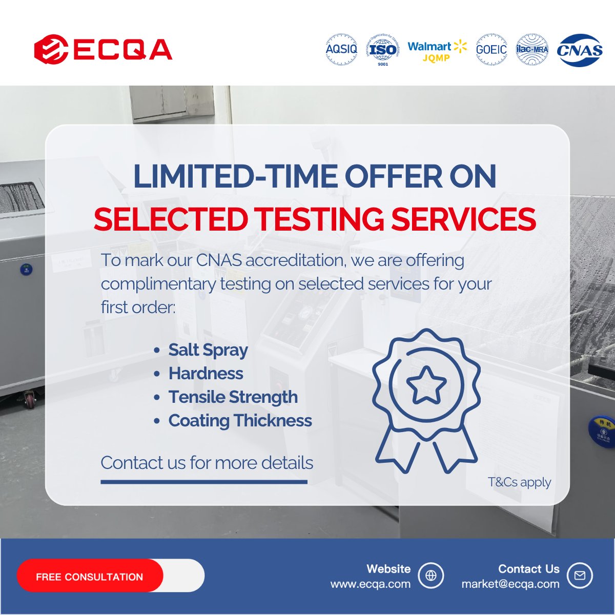 EcqaQuality's tweet image. To mark our CNAS accreditation, ECQA is offering complimentary testing for your first order on selected testing services. Contact us to learn more and secure your slot. Terms and conditions apply. Learn more 👉 ecqa.com

#testinglab #CNAS #ISO17025 #producttesting