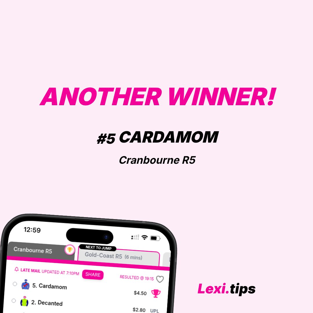 Lexi_Tips's tweet photo. Another Winner tipped by Lexi. #5 Cardamom wins Race 5 at @CranTurfClub

Get your tips here https://t.co/zwBTAsmjiB and get in on the action. https://t.co/q75MLlyEJD